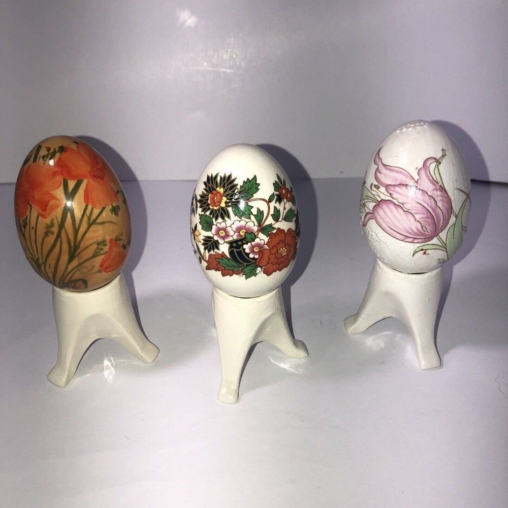 Egg ceramic 3 tall decorative vintage flowers with ceramic stan glossy